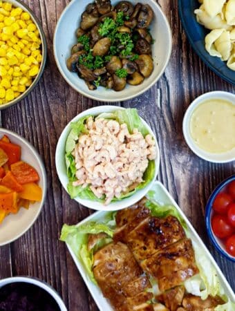 A selecction of dishes from a typical pasta salad bar.