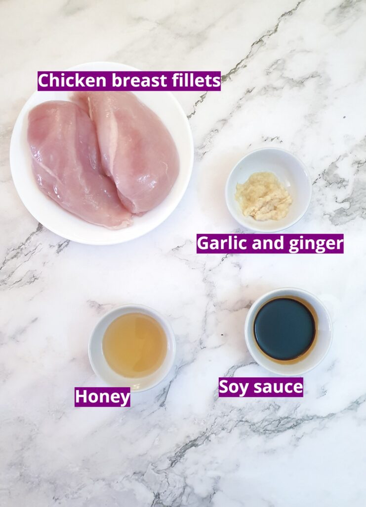 Ingredients for honey garlic chicken.