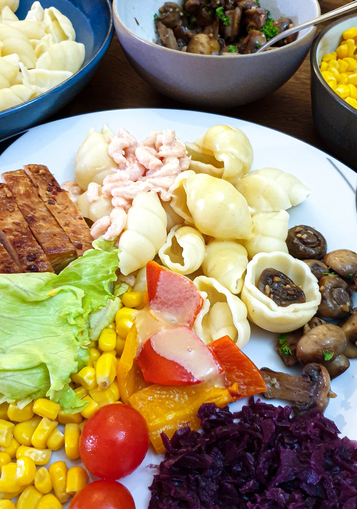 A white dinner plate containing a variety of salads and pasta.