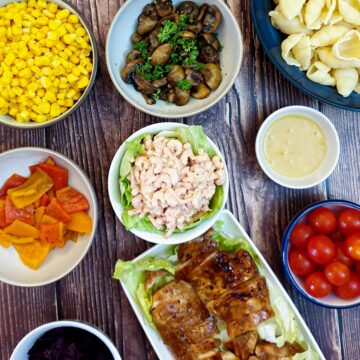 A selecction of dishes from a typical pasta salad bar.