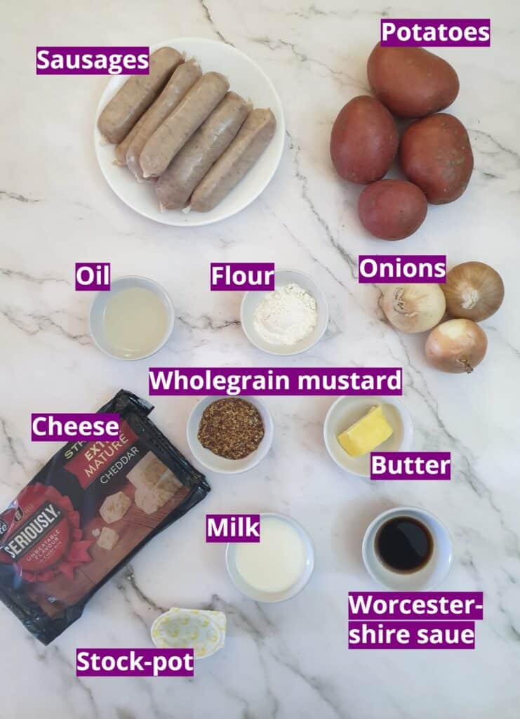 Ingredients for sausage cottage pie.