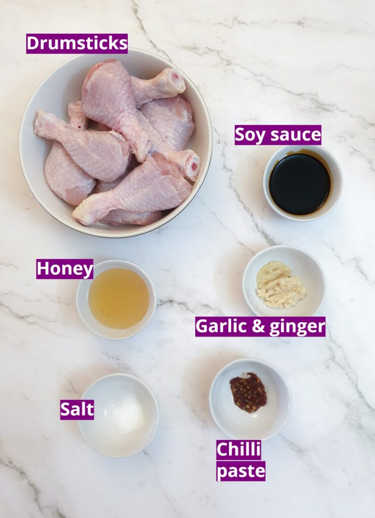 Ingredients for sweet and sticky chicken drumsticks.