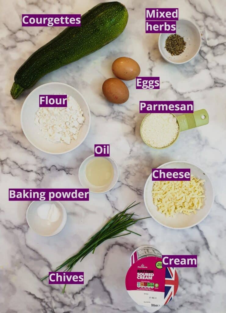 Ingredients for cheesy courgette fritters.