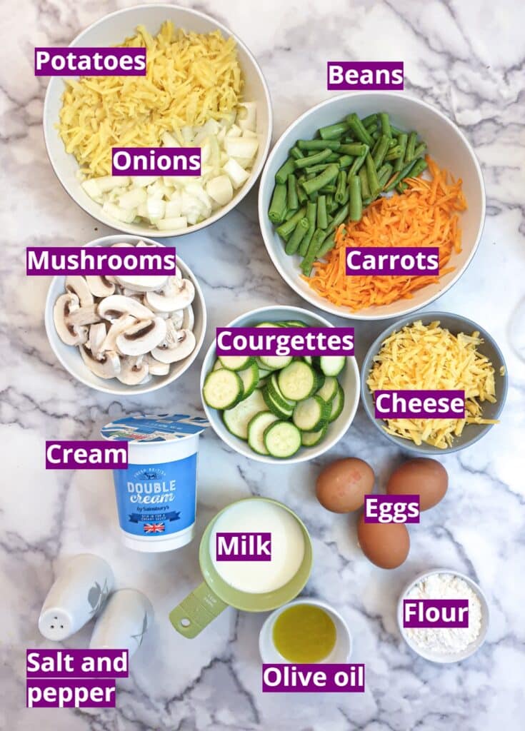 Ingredients for a crustless vegetable quiche.