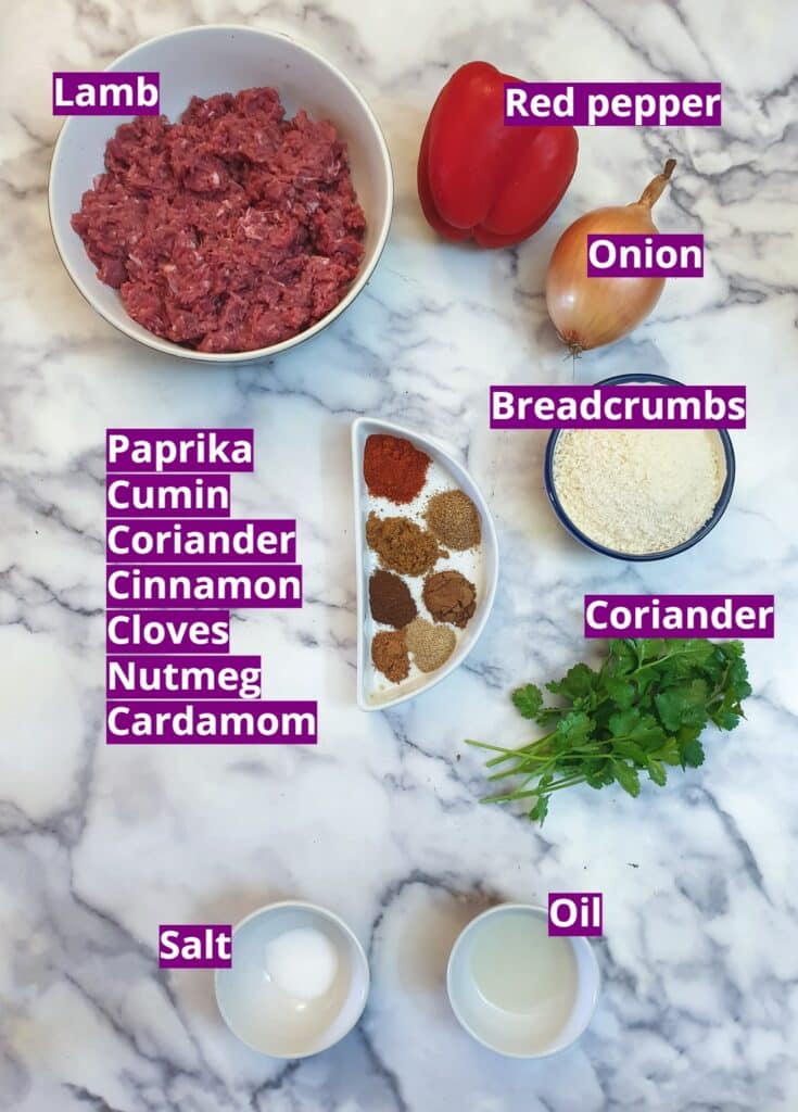 Ingredients for making lamb kofta.