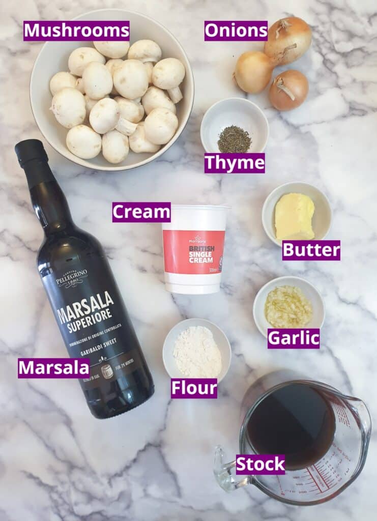 Ingredients for marsala mushroom sauce.