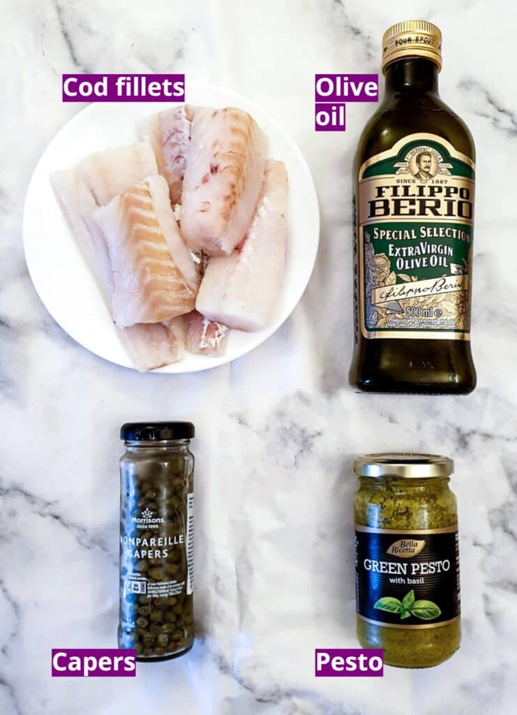 Ingredients for mediterranean oven-baked cod.