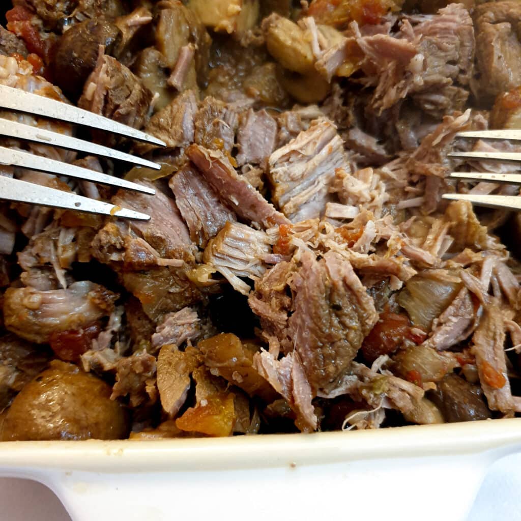 Close up of lamb ragu being shredded with 2 forks.