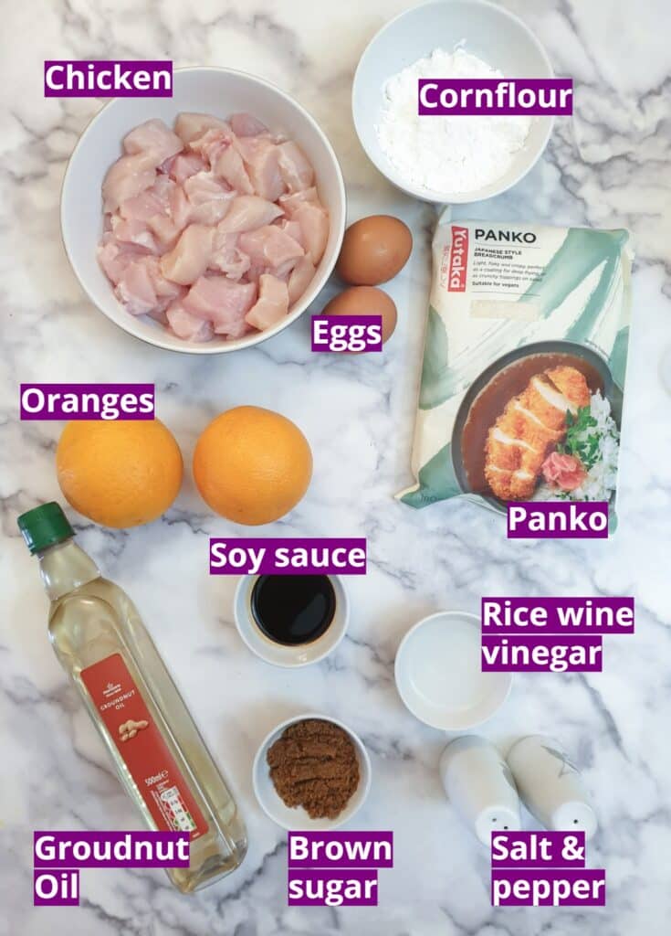 Ingredients for sticky orange chicken.