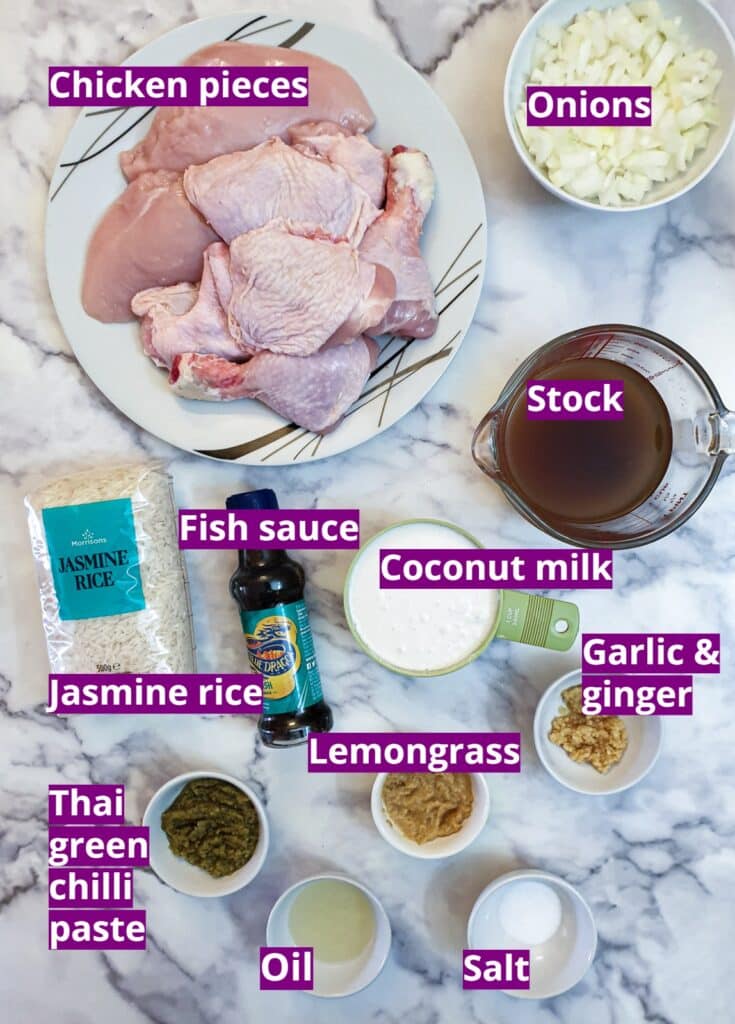 Ingredients for thai coconut chicken casserole.