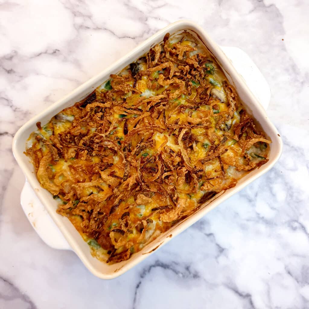 Crispy fried onions sprinkled over a green bean casserole.