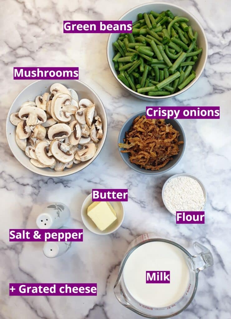 Ingredients for a green bean casserole.