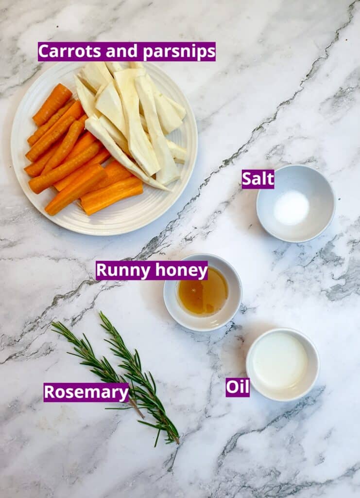 Ingredients for honey-roasted carrots and parsnips.