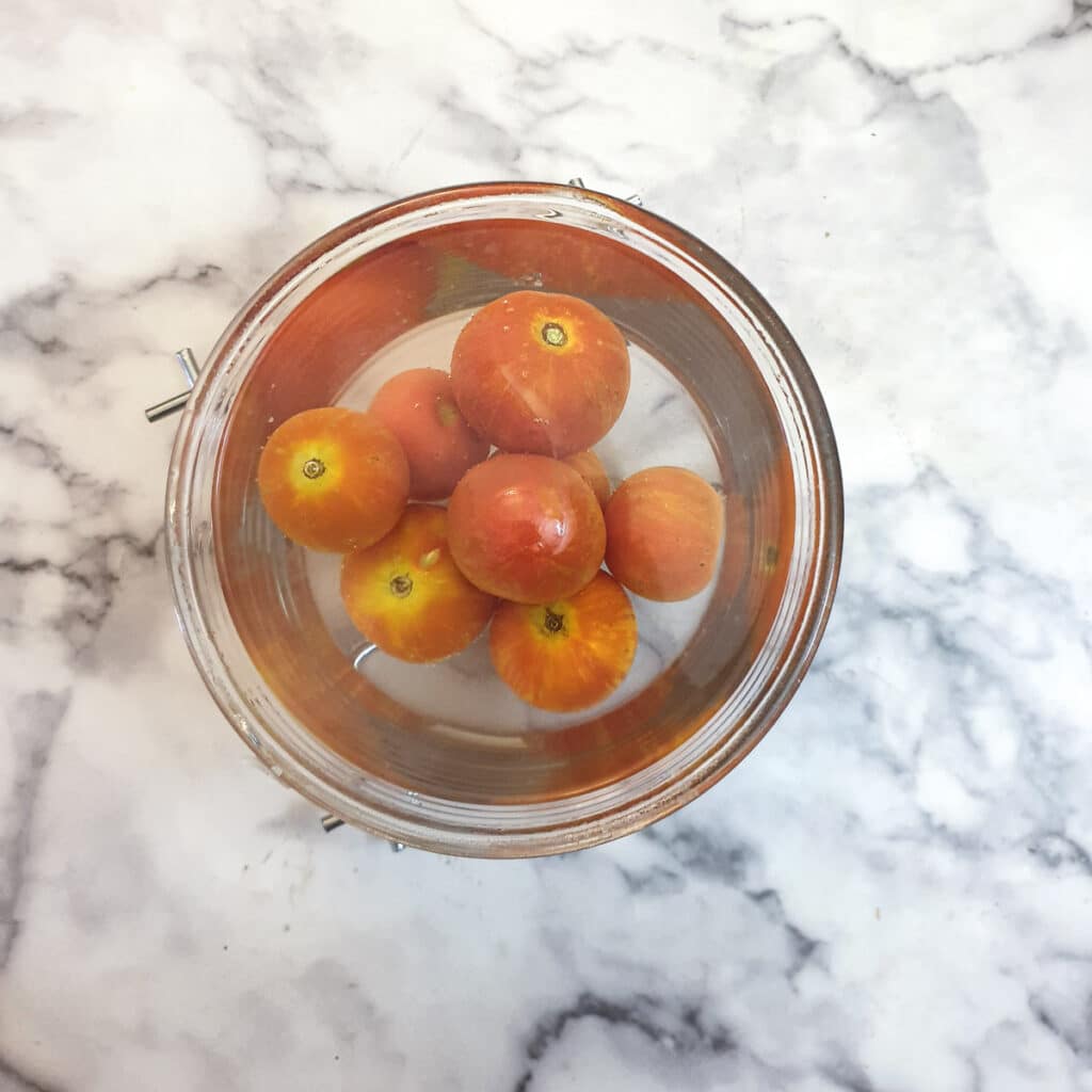 Tomatoes in a bowl of boiling water.