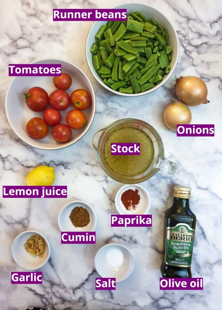 Ingredients for Middle Eastern-style runner beans.