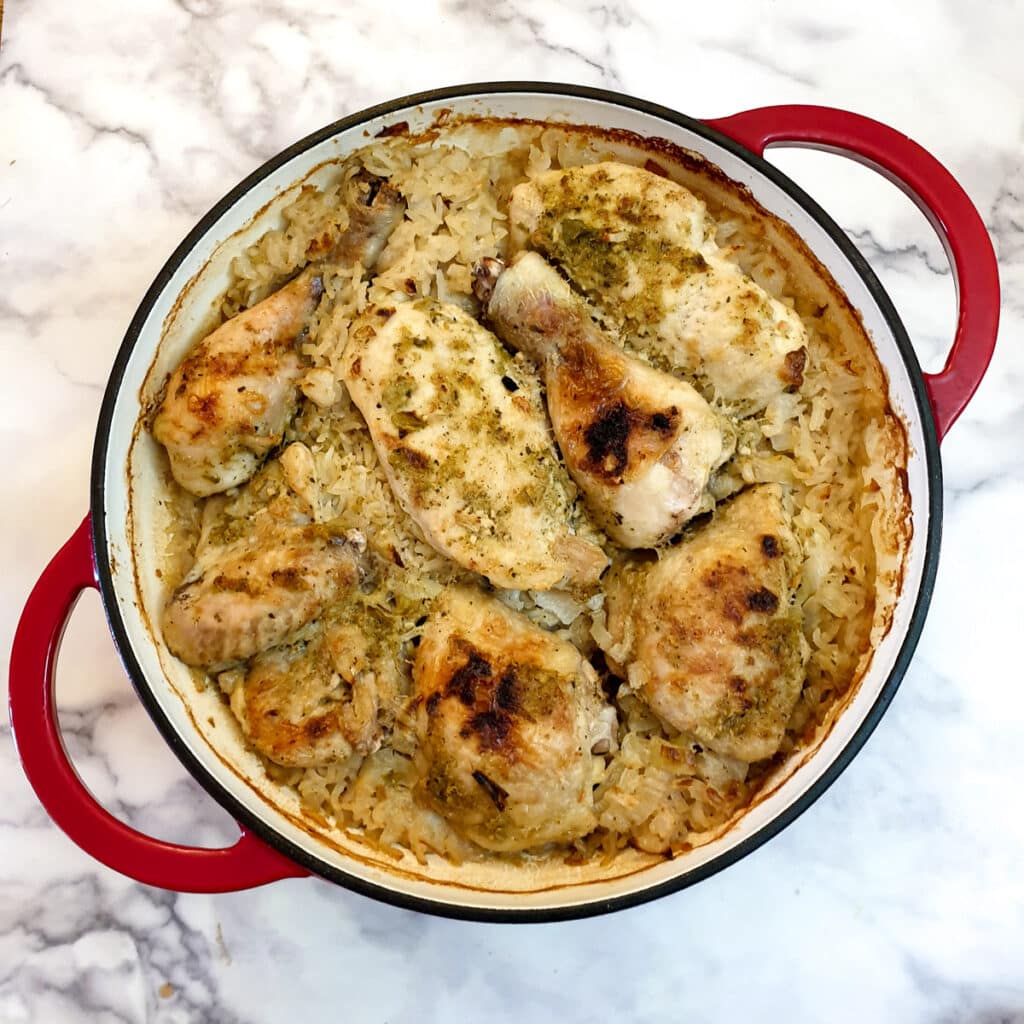 Thai chicken casserole after being browned in the oven.