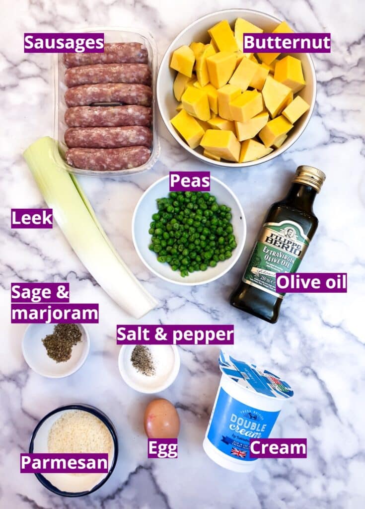 Ingredients for butternut, leek and sausage pie filling.