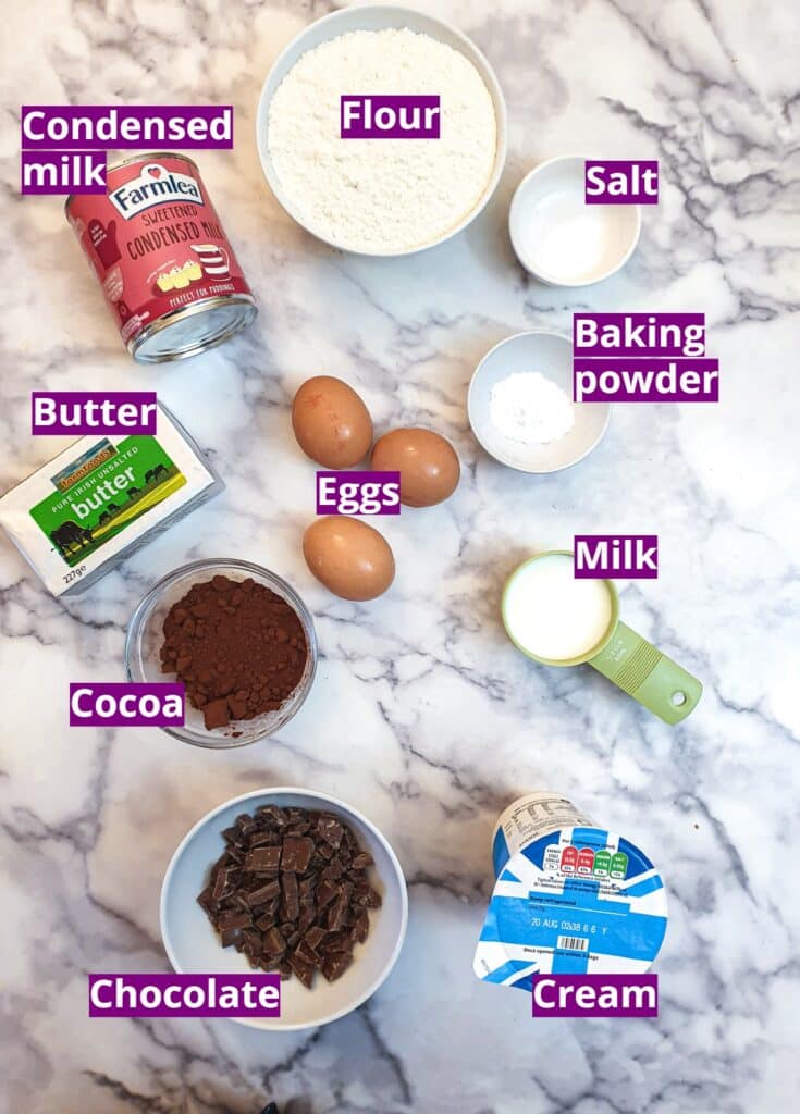 Ingredients for condensed milk chocolate cake.