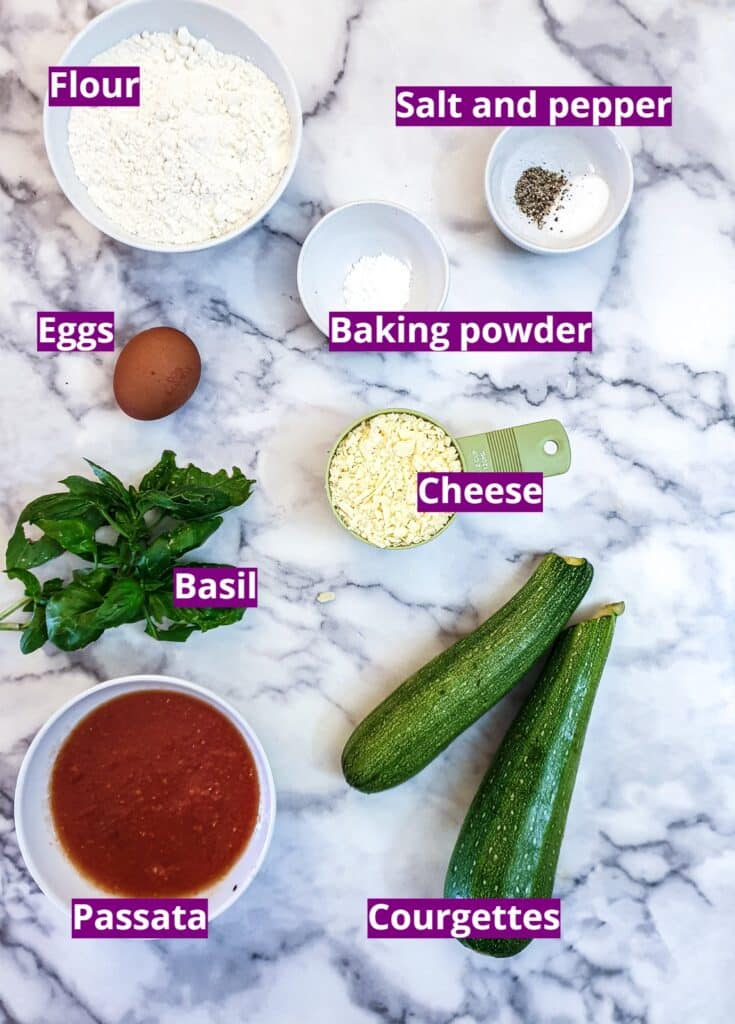 Ingredients for courgette and tomato puffs.