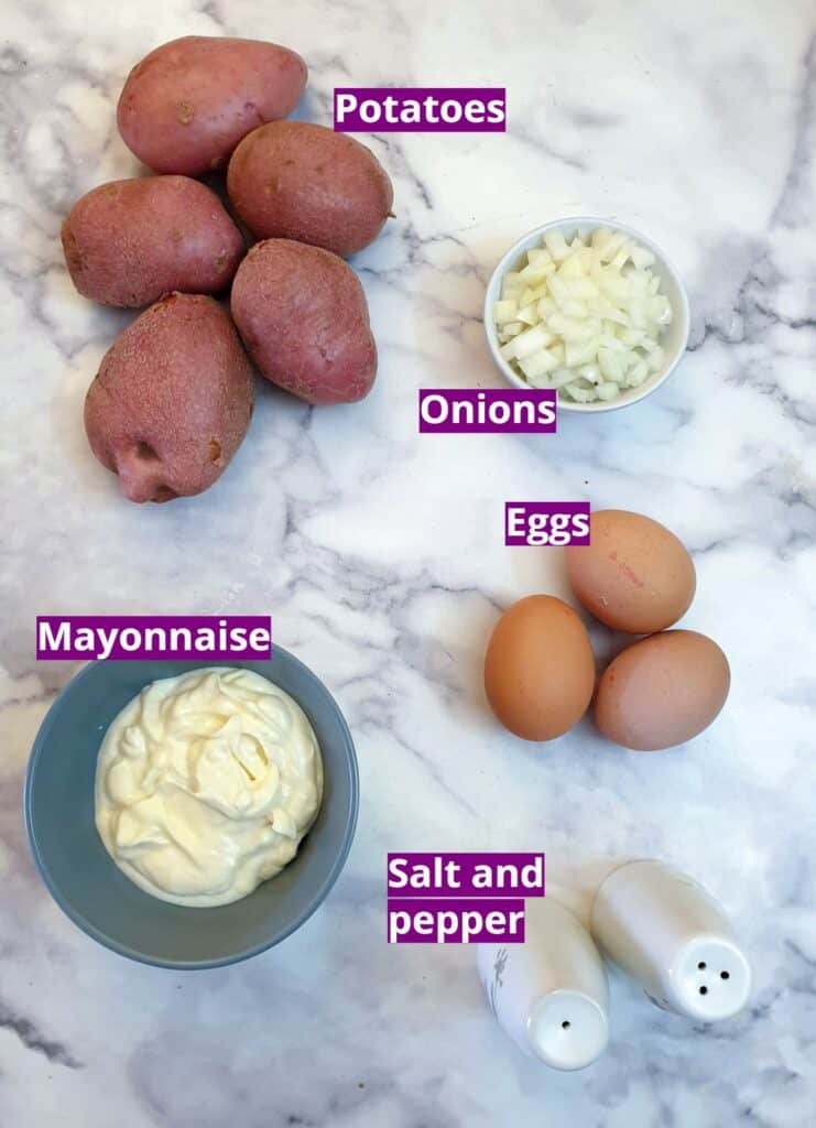 Ingredients for potato salad with egg.