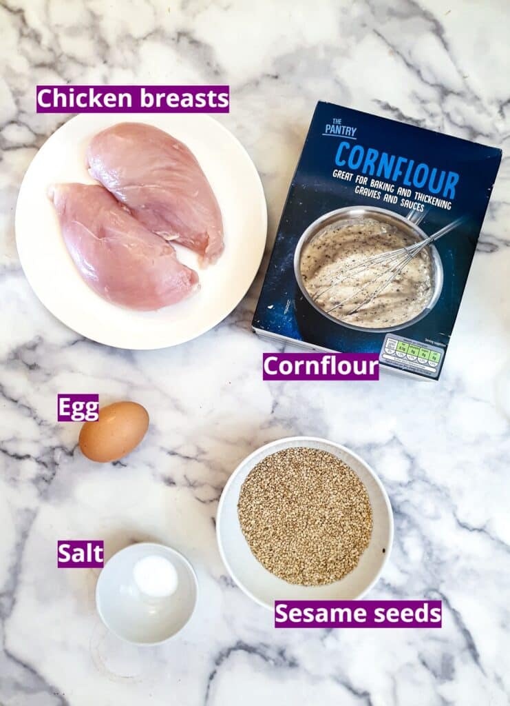 Ingredients for sesame-coated chicken strips.