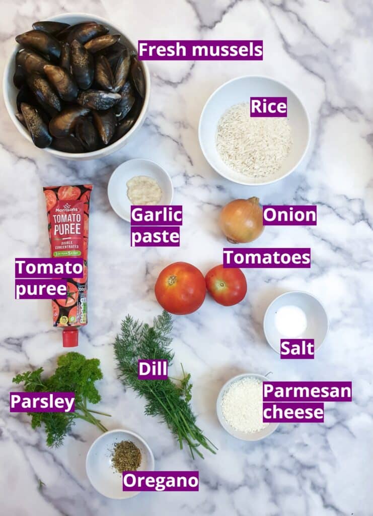 Ingredients for stuffed mussels with rice and tomatoes.