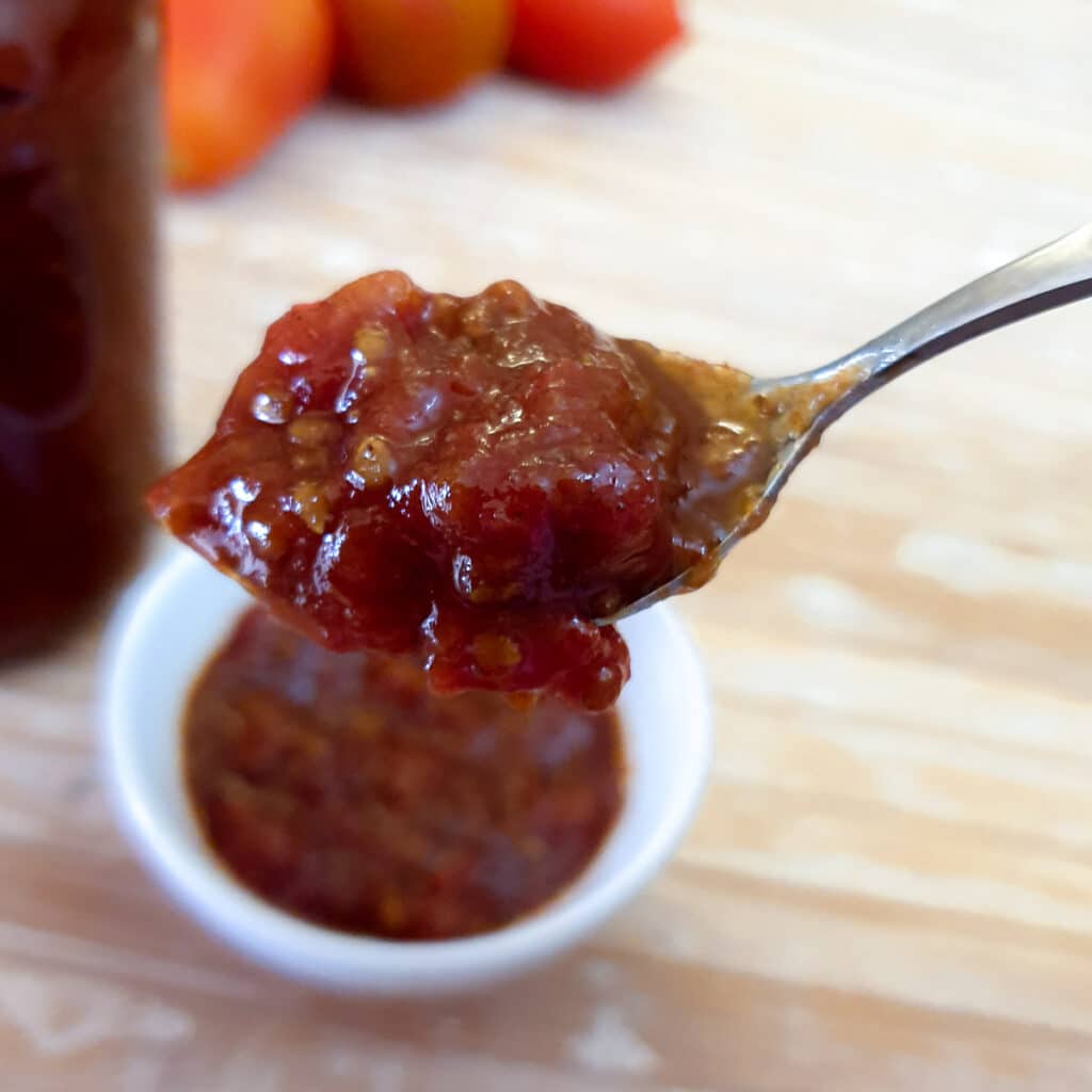 Close up of a spoonful of tomato jam.