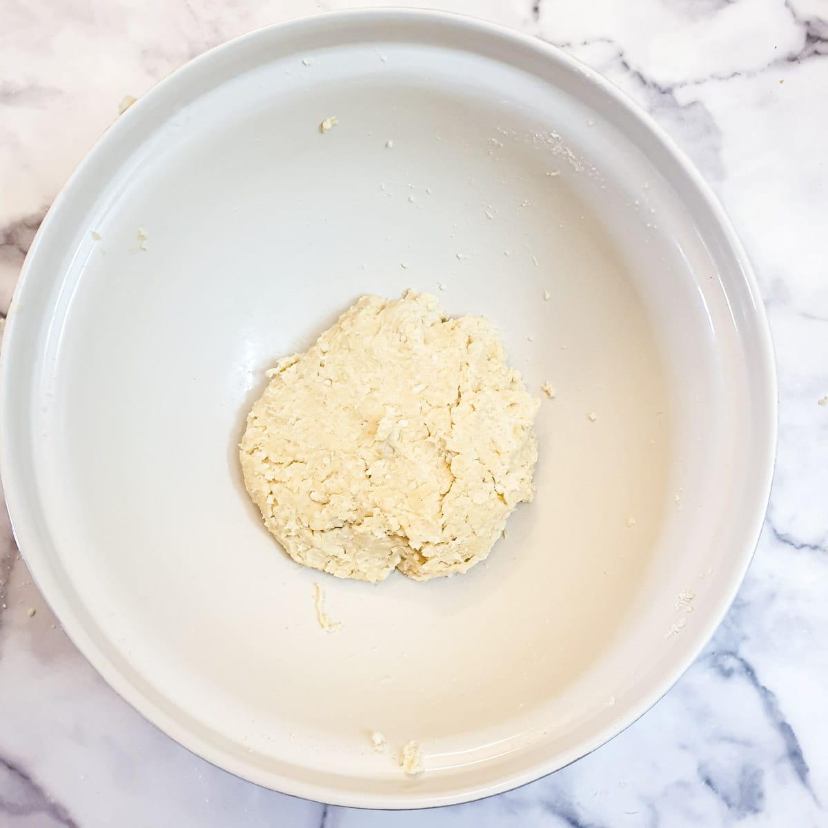 A ball of suet pastry in a mixing bowl.