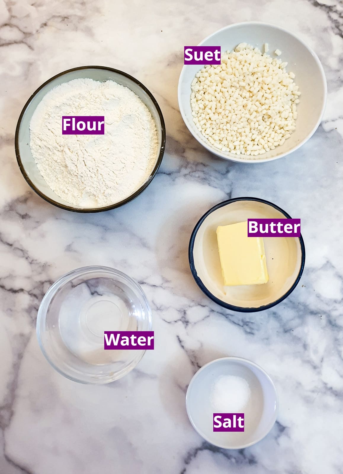Ingredients for suet pastry.