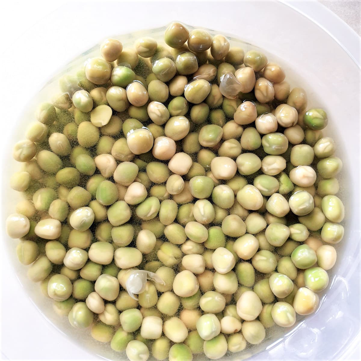 A bowl of soaked, swollen marrowfat peas.
