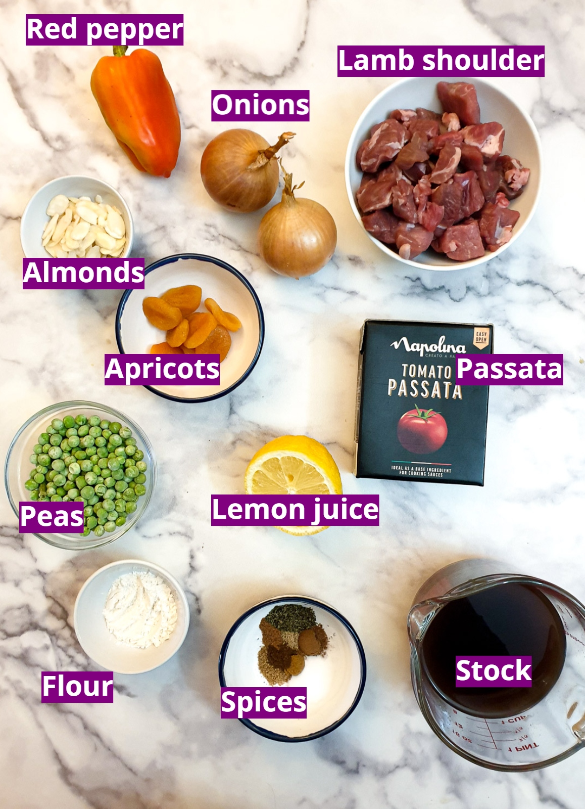 Ingredients needed to make a Moroccan lamb pie.