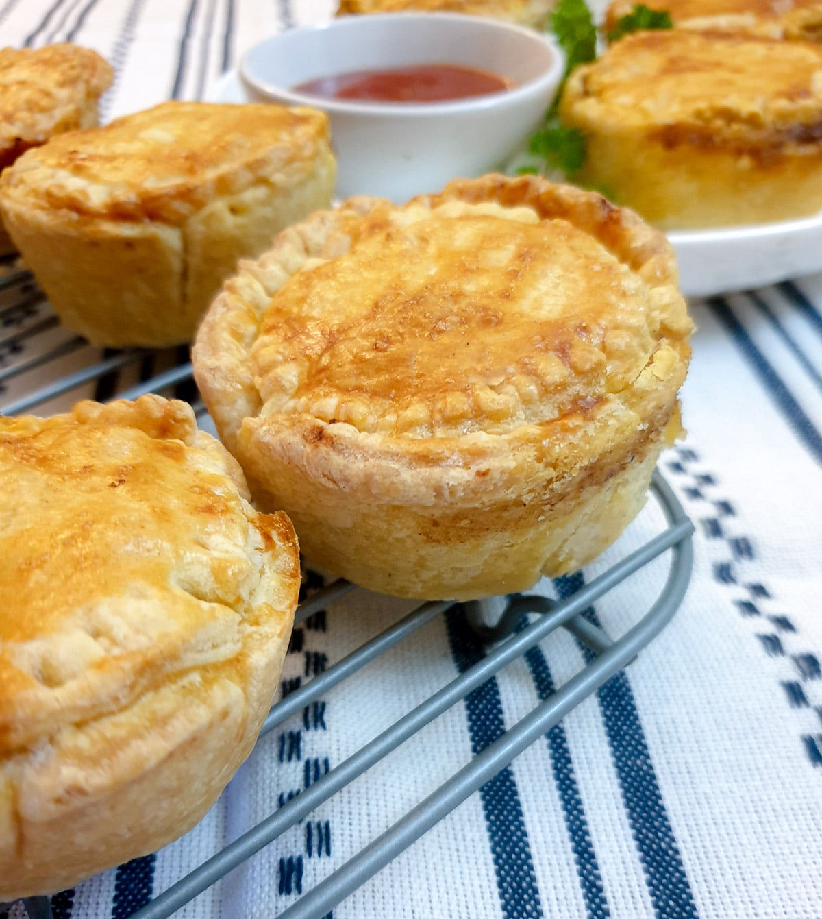 Three beef, onion and mushroom hand pies in the foreground with a plate of pies and a dish of tomato sauce at the back.