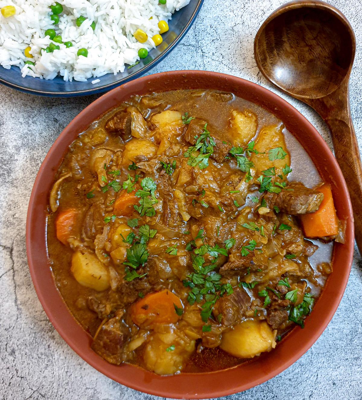 Overhead shot of a brown serving dish of South African beef stew with a dish of white rice and a brown wooden serving spoon.