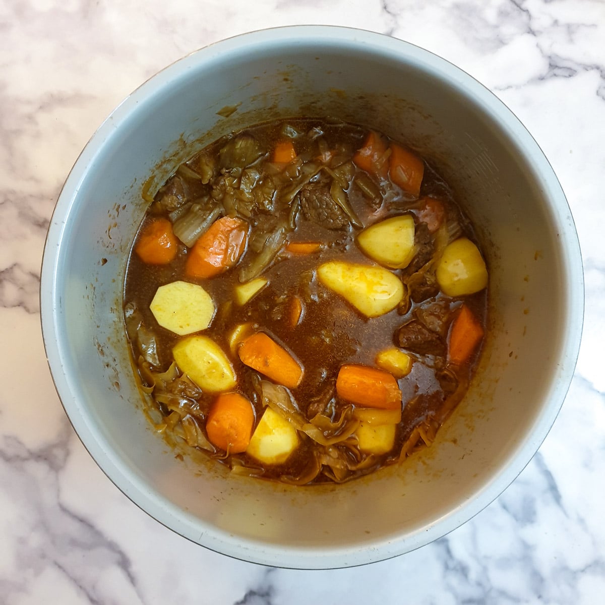 A fully cooked beef bredie in a pressure cooker.