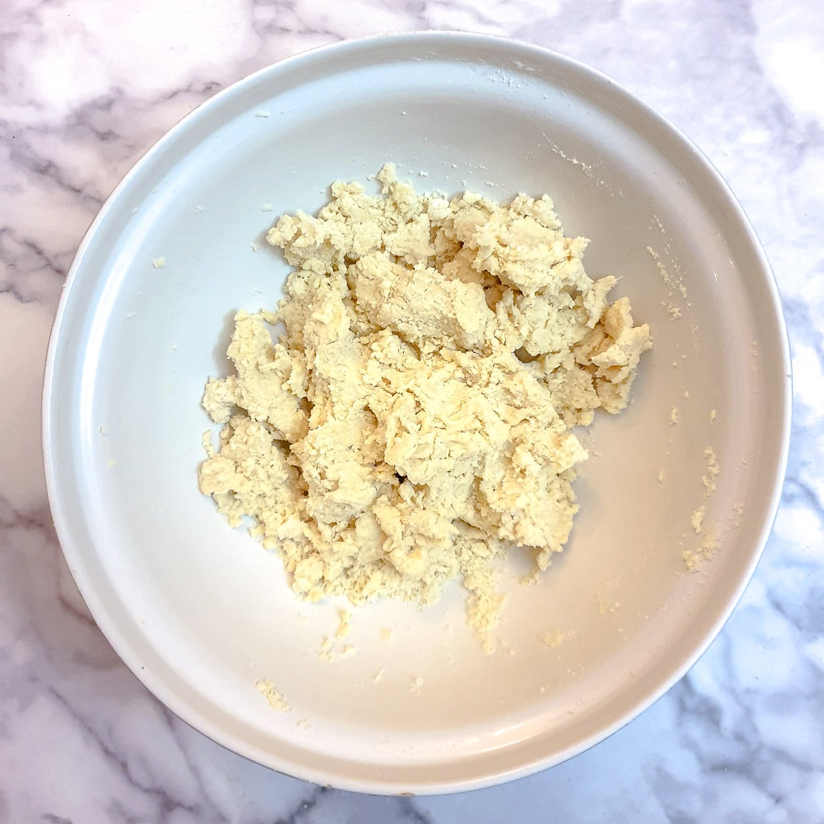 Flour and butter mixed with water to form a shaggy dough.