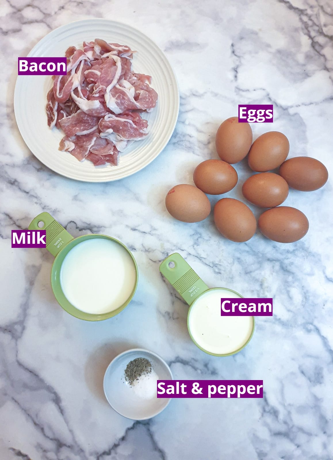 Ingredients for bacon and egg pie filling.