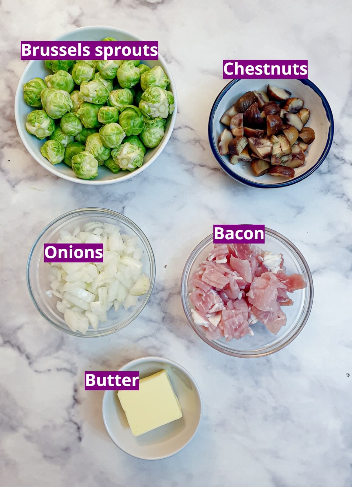 Ingredients for brussels sprouts with chestnuts and bacon.