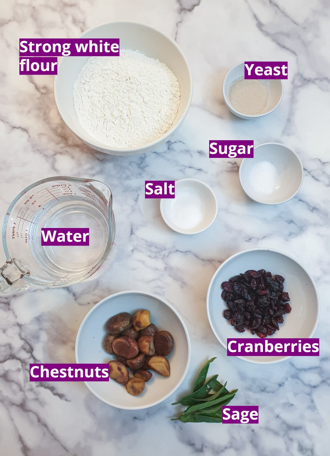 Ingredients for chestnut and cranberry focaccia.