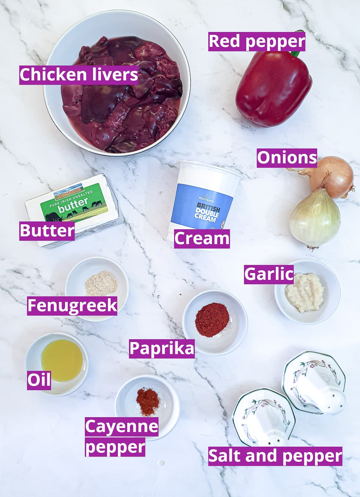 Ingredients for making chicken livers with a creamy red pepper sauce.