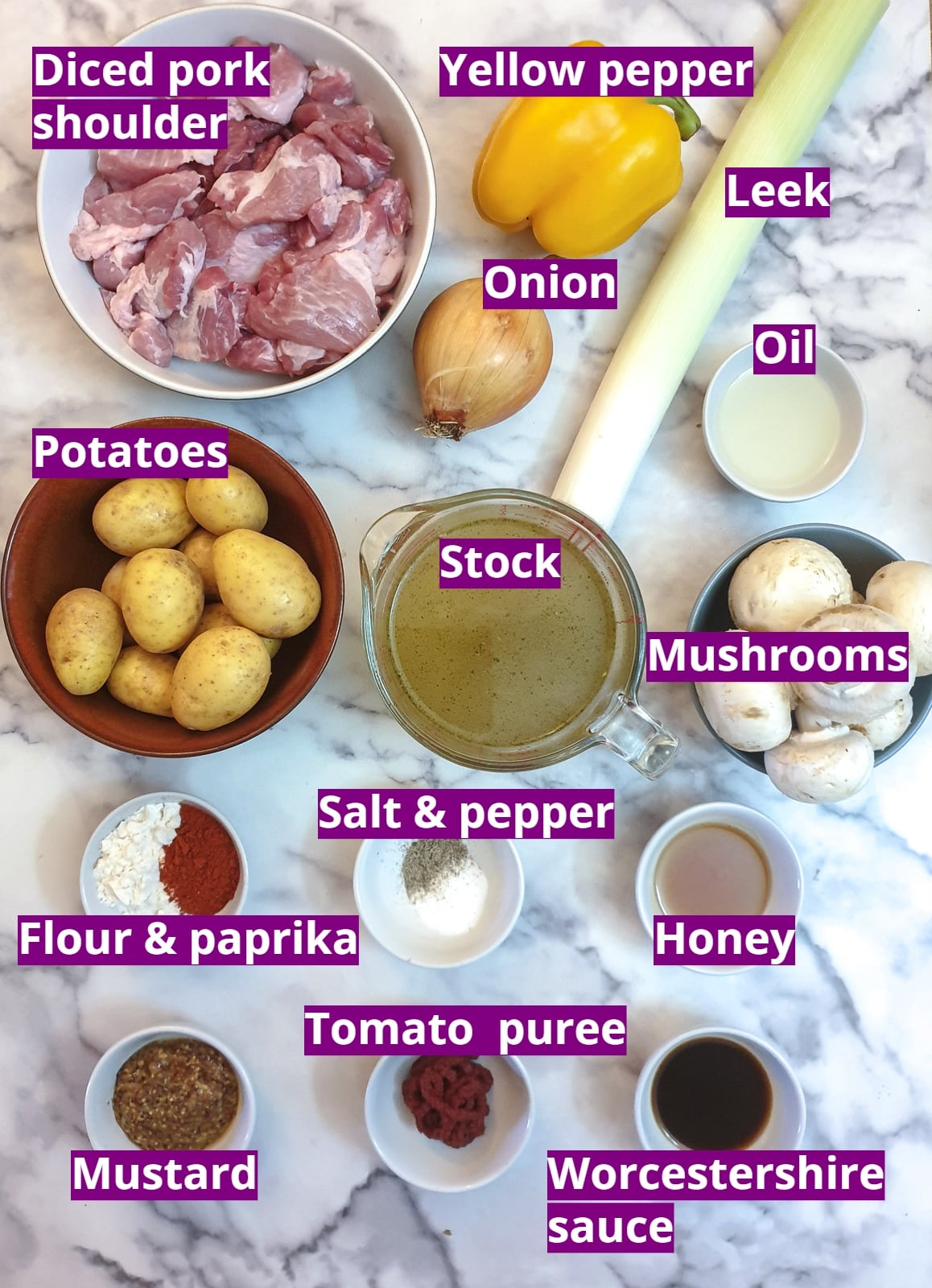 Ingredients for slow-cooker pork casserole with honey and mustard.