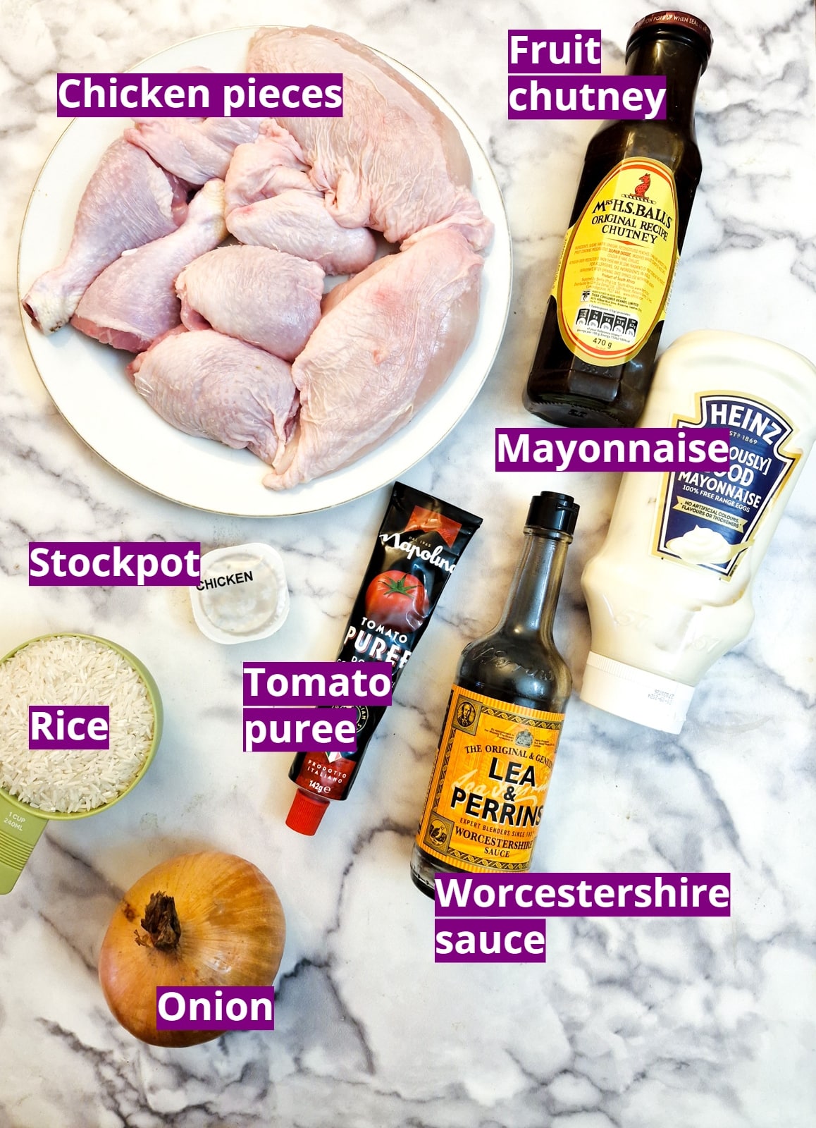 Ingredients for chutney and mayonnaise chicken bake.