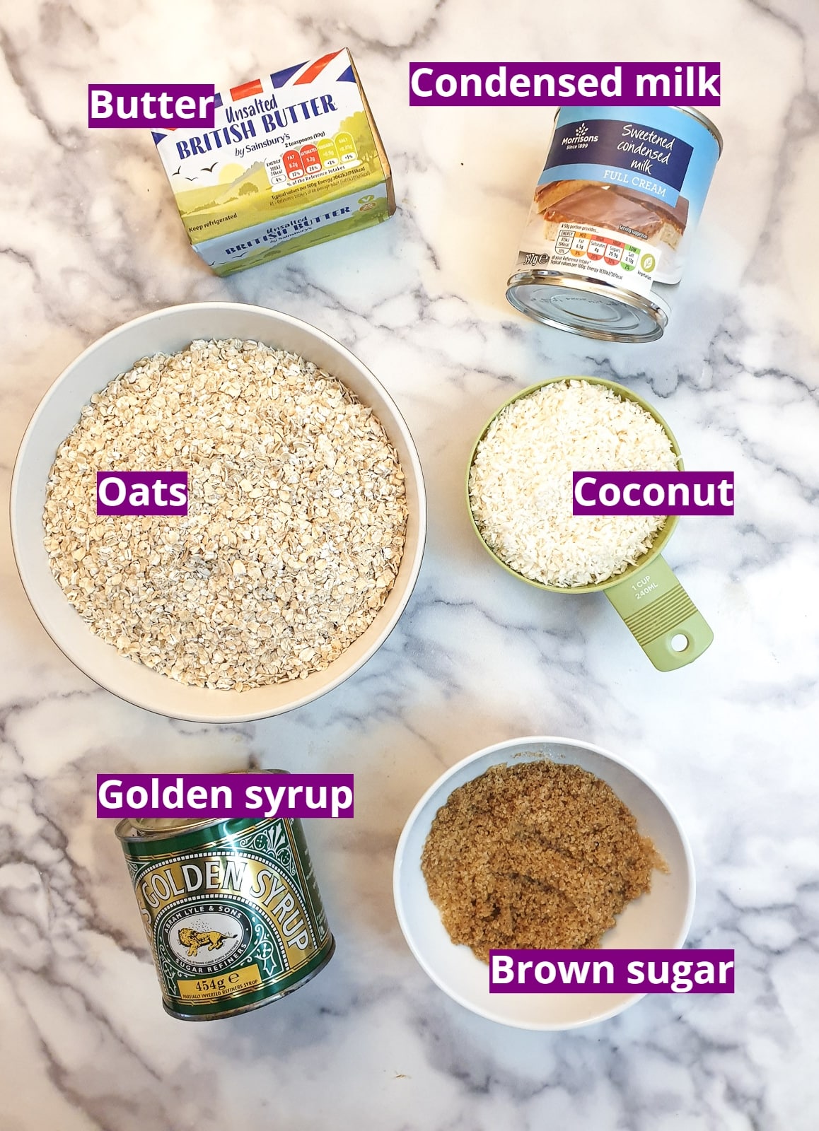 Ingredients for condensed milk flapjacks.