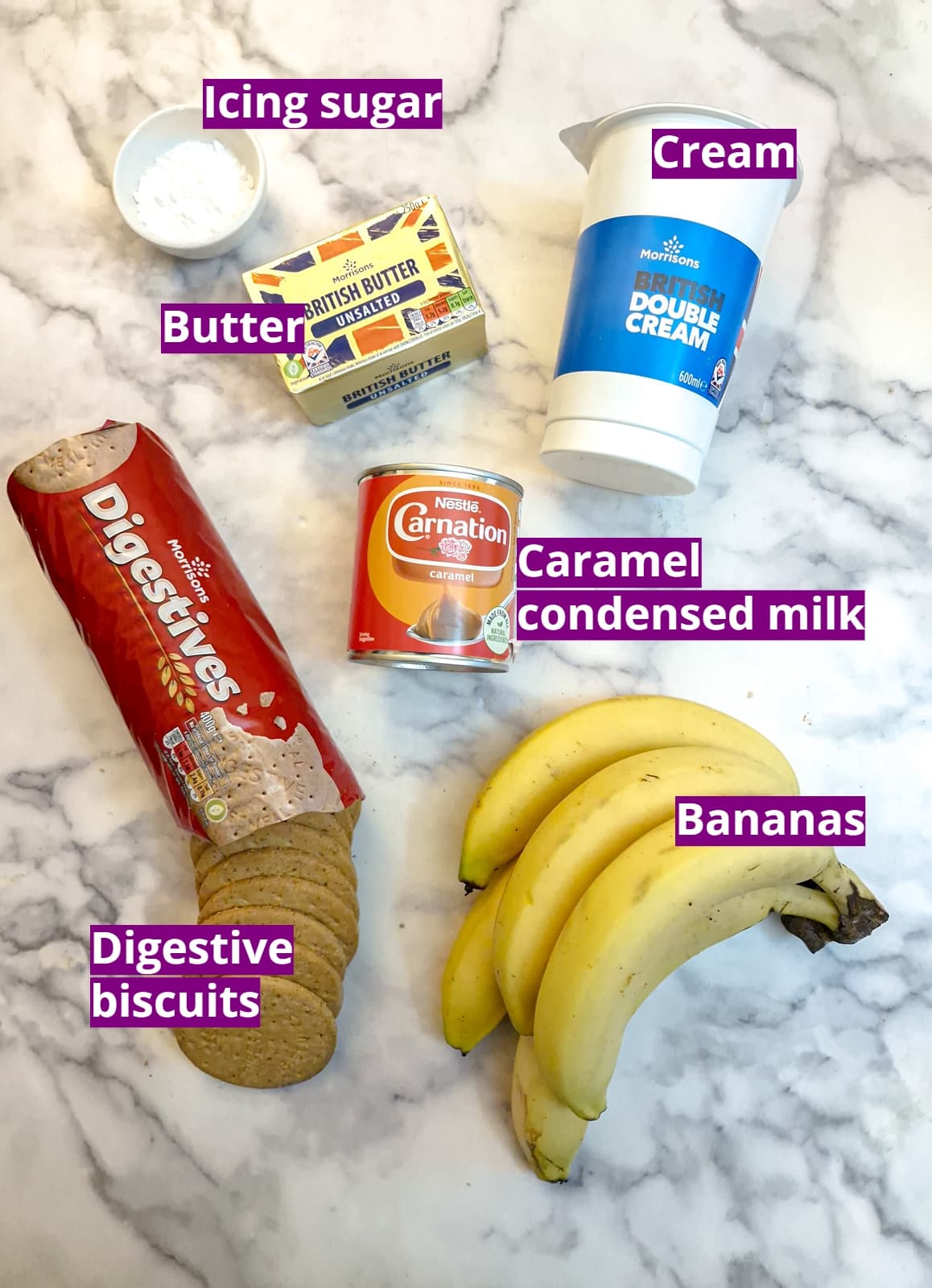 Ingredients for making a banoffee pie.