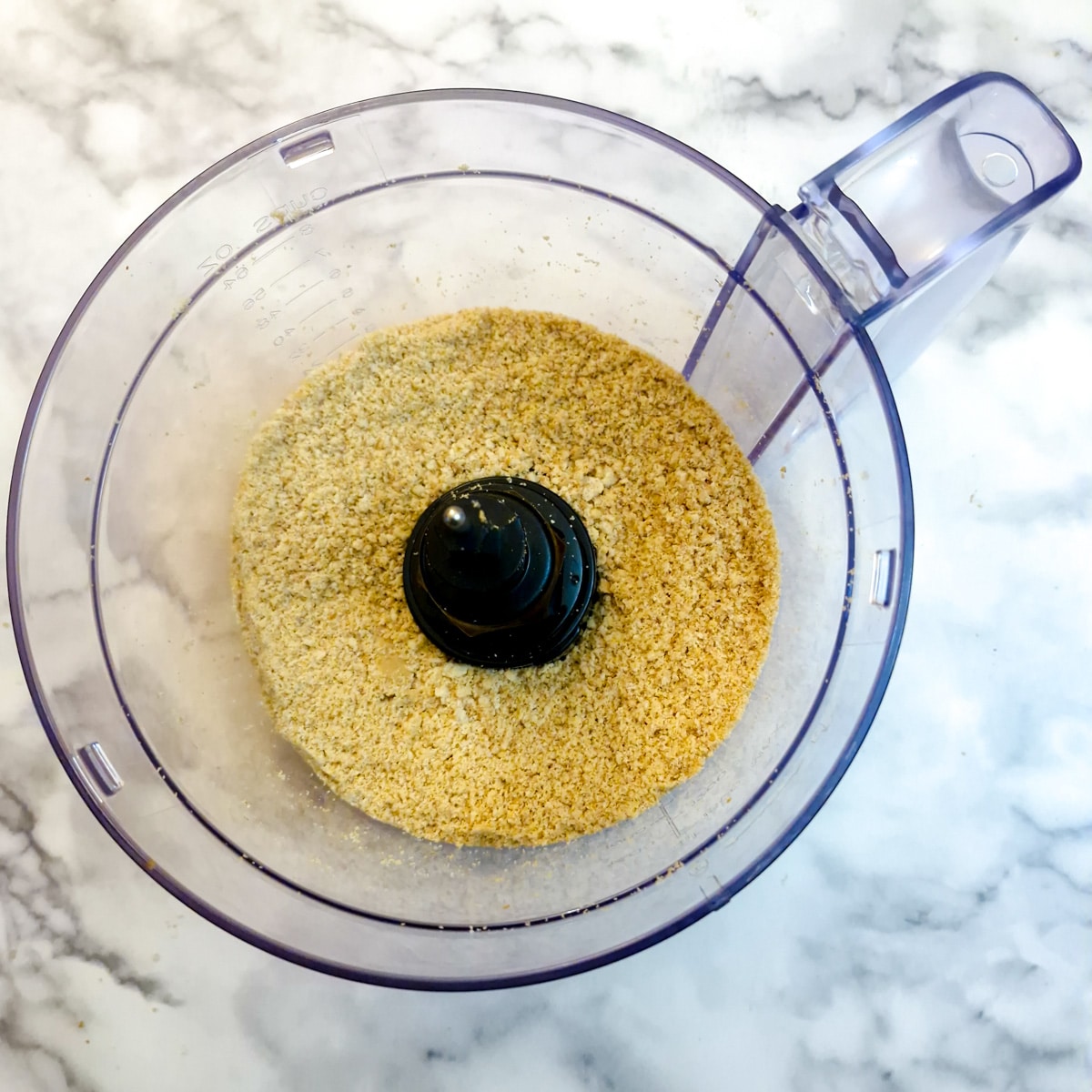 Biscuit crumbs in a food processor.