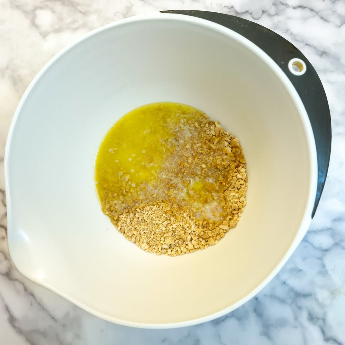 Biscuit crumbs and melted butter in a mixing bowl.