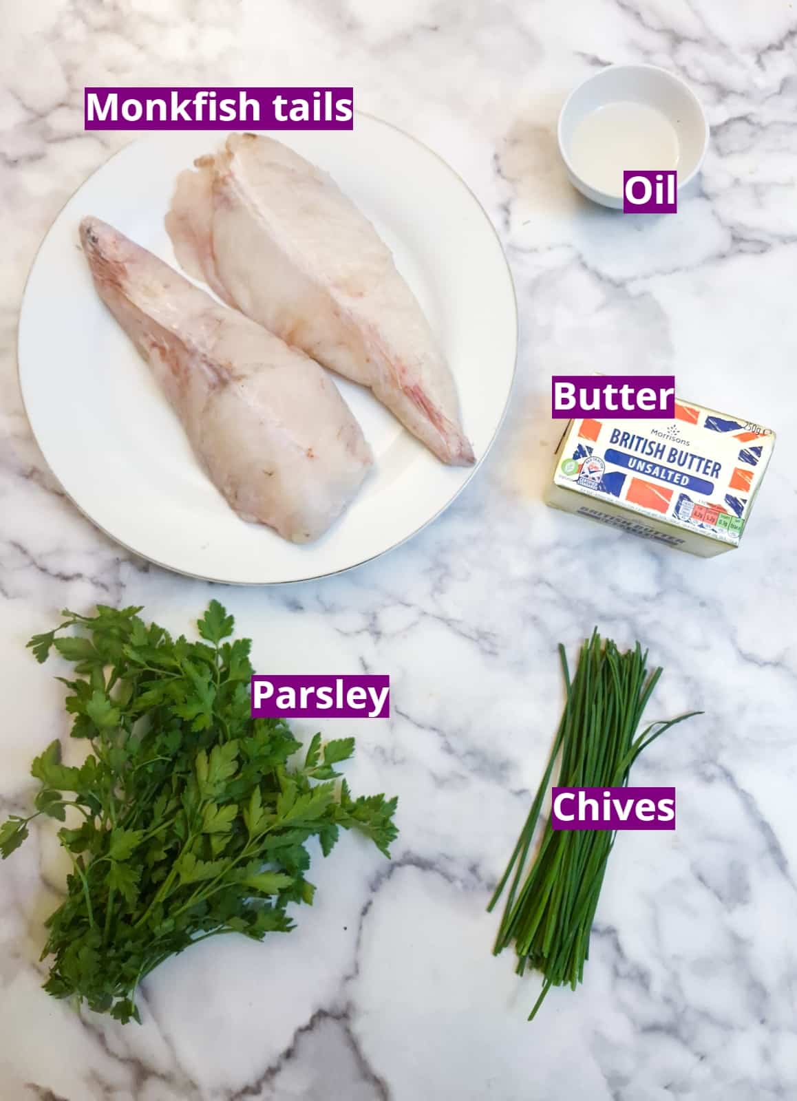 Ingredients for pan-fried monkfish with parsley butter.