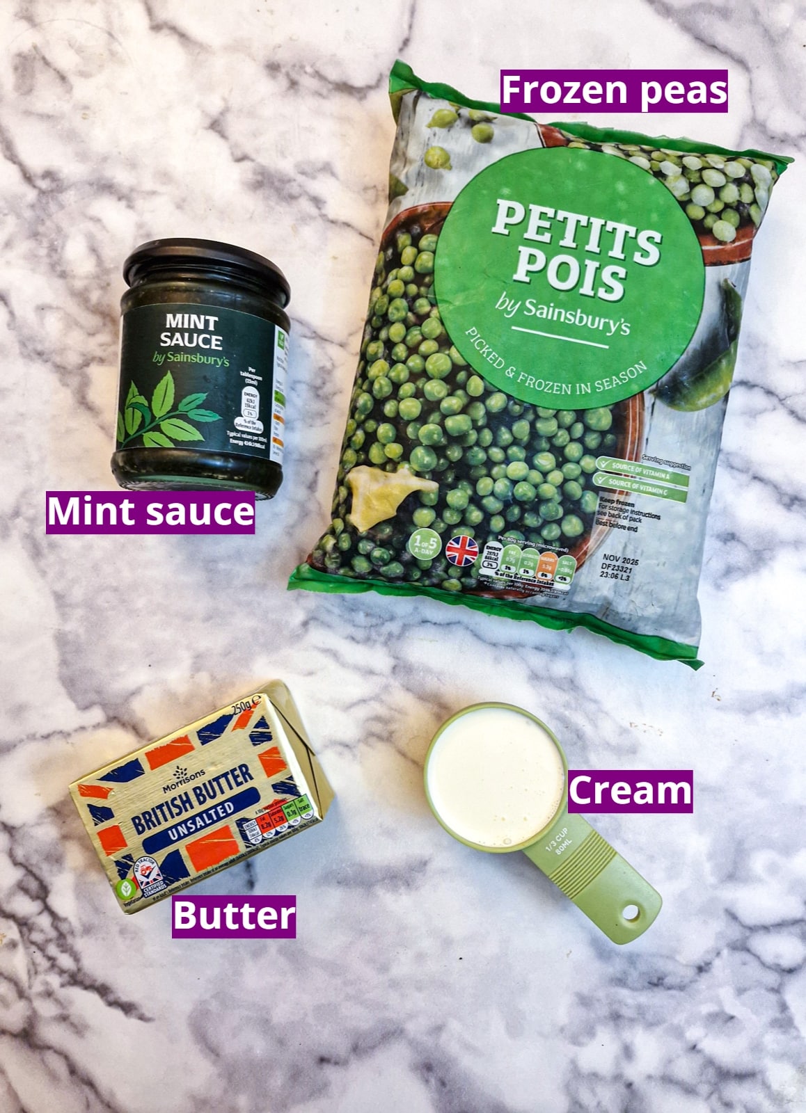 Ingredients for making minted smashed peas.