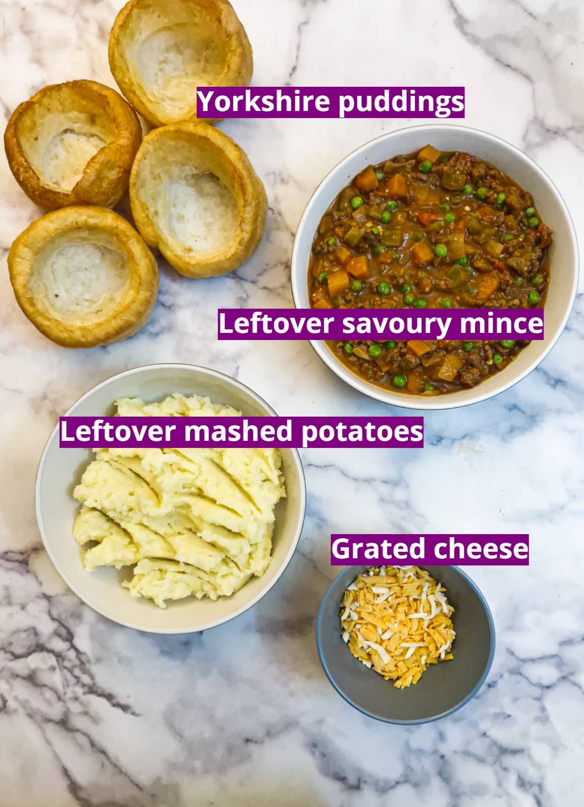 Ingredients for stuffed Yorkshire pudding pies.