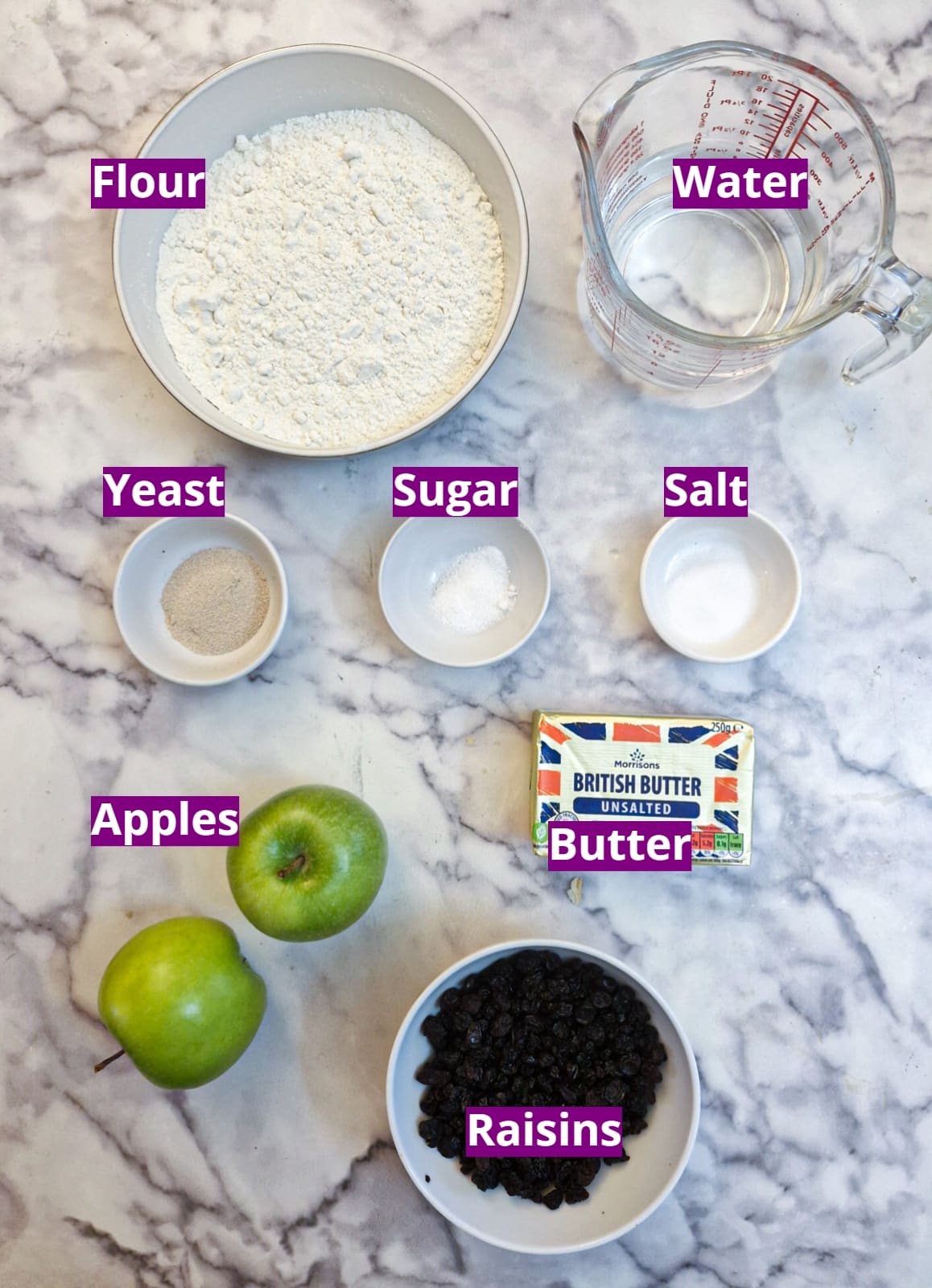 Ingredients for apple and raisin focaccia.