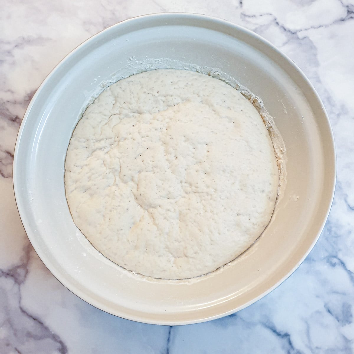 Focaccia dough in a mixing bowl showing how the dough has risen after 2 hours.